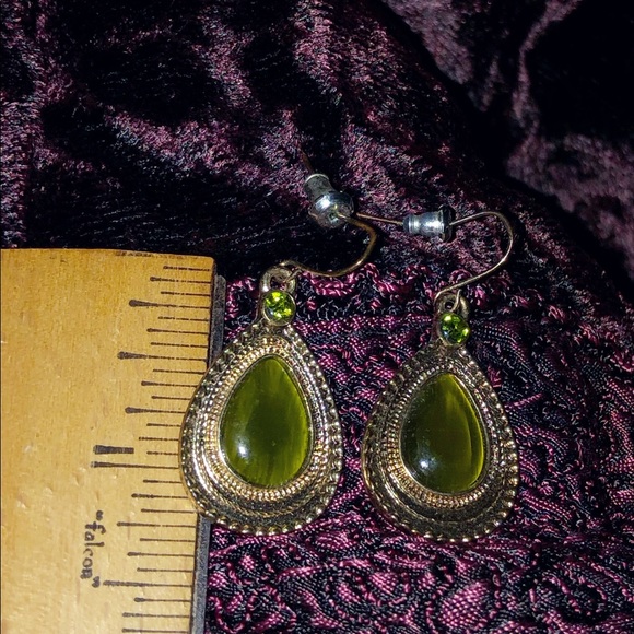 Earrings-Gold Tone & Green Crystal, Teardrop - Picture 2 of 3